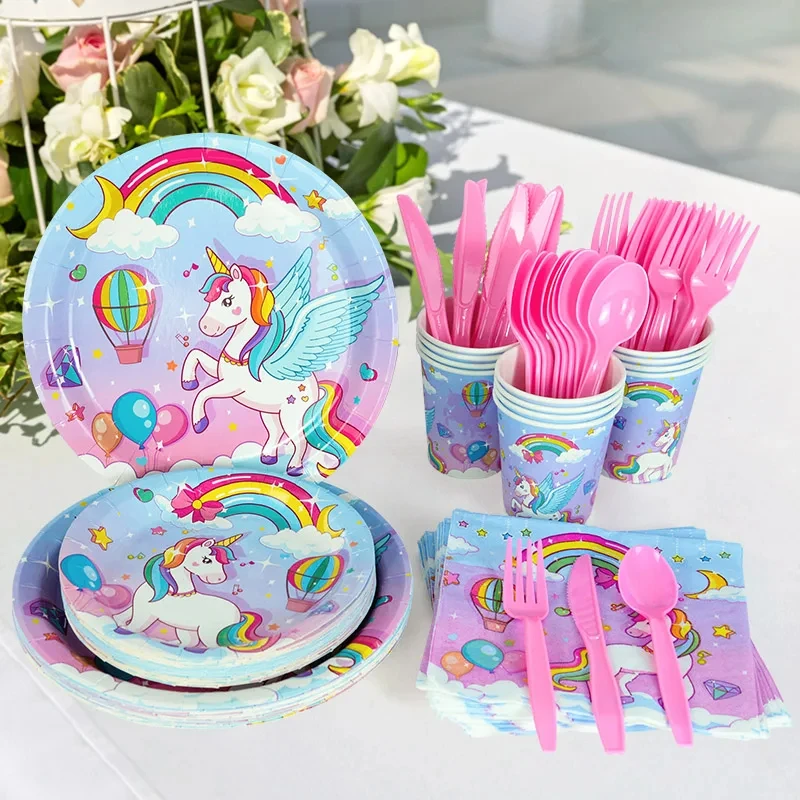 Unicorn Party Disposable Tableware Plates Cups Napkins Tablecloth Girl Birthday Unicorn Party Decoration Baby Shower Supplies