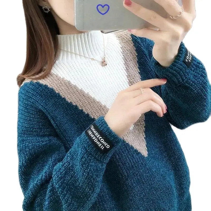 

knitted Sweater Women Letter Chic Vintage Daily Girls Pullovers Stripe High Collar Student Fall Casual All-match Female Sweater