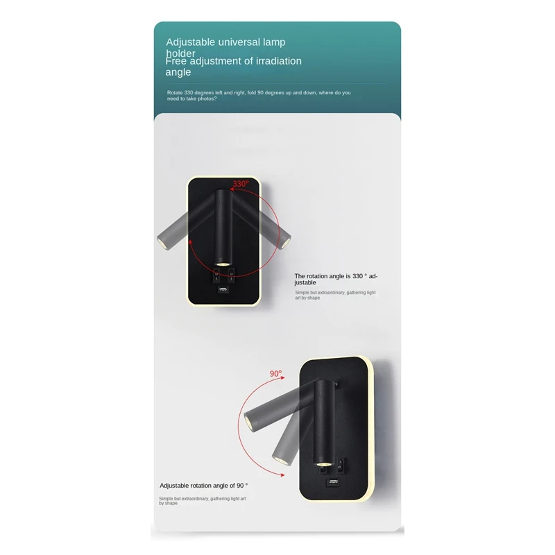 Wall Light Wall Light Backlight USB Charging 330 Degree Rotation Adjustable Wall Lamp Bedside Study Reading Sconce Lamp White