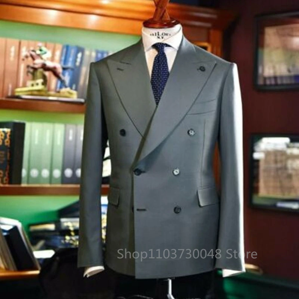 (Only Coat) Gray Men\'s Suit Blazer Prom Tuxedos Coat Peak Lapel Double Breasted Jacket Slim Fit Bussiness/Wedding Jacket