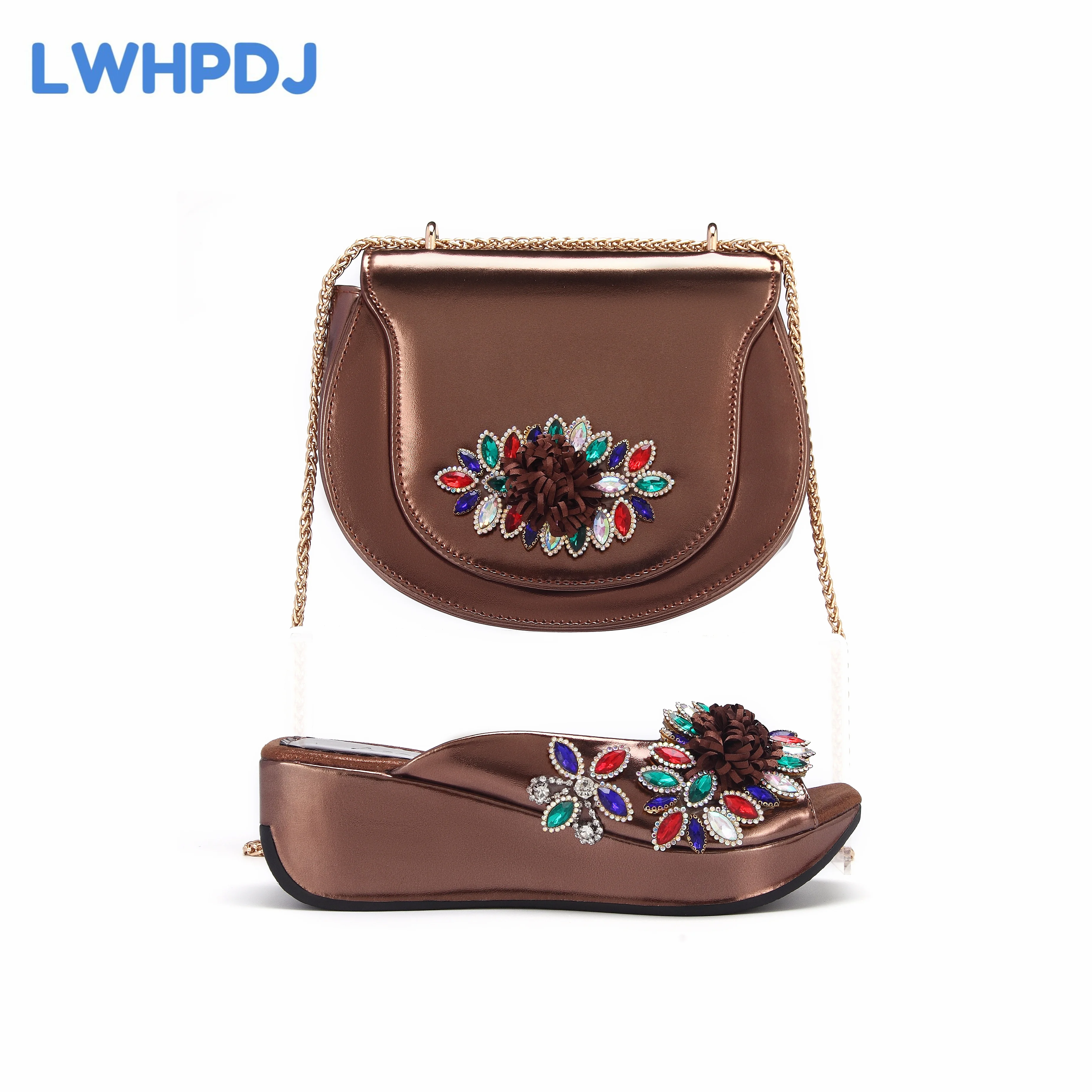 

2024 Hot Selling Peep Toe High Heels Peep Toe Wedges Design Ladies Slipper with Bag Set in Coffee For Party