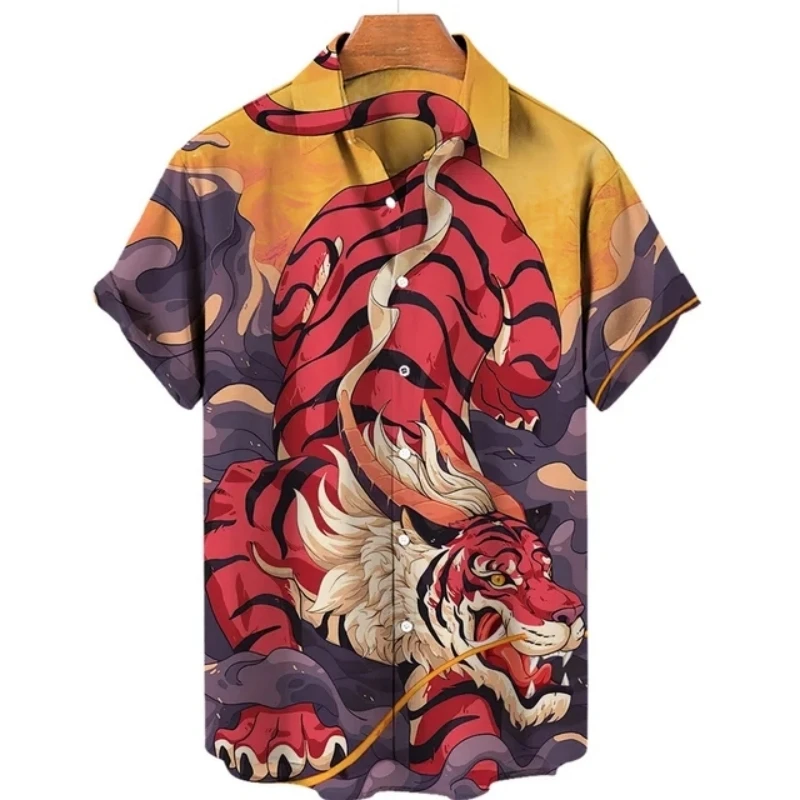 Fashion Casual Tiger Men's Hawaiian Shirt Men Loose Oversized Short Sleeve Tops Man Clothing Streetwear Camisas Casuais Blouse