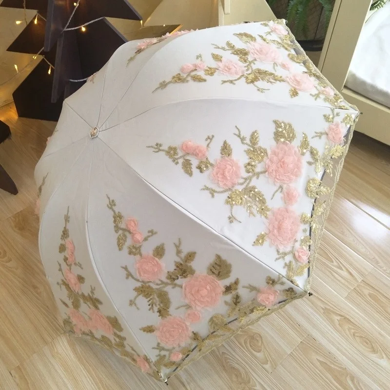 

Three Fold Princess Umbrella Lace Sun Umbrella Sunscreen UV Protection Women Embroidery Double-layer Black Glue Sun Umbrella