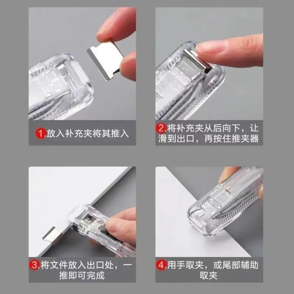 Staple Metal Clip Push Hand Paper Clipper with Refill Fixing Organizing Stapler Reusable Push Clamp for Document File Stationary