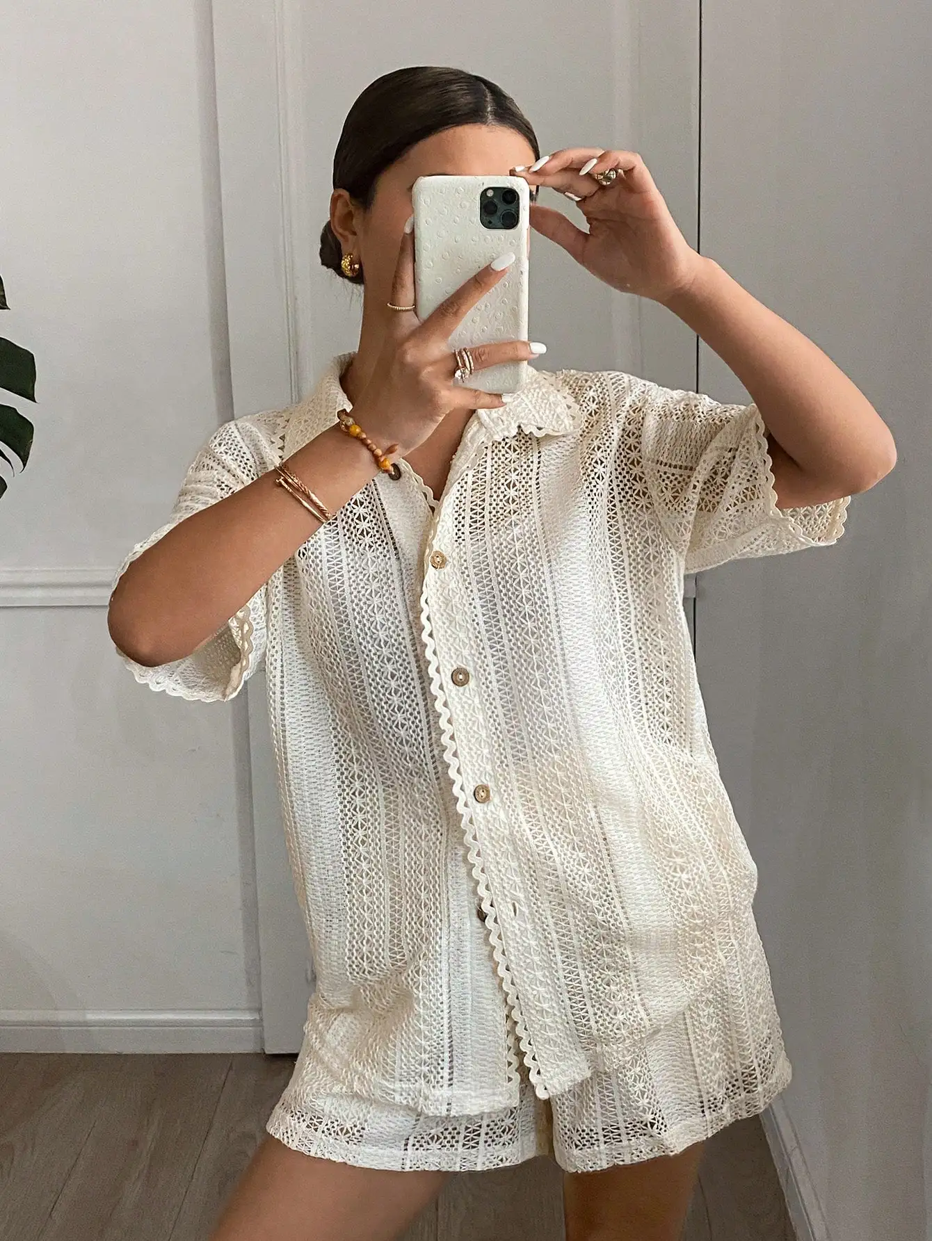 

Women Solid Color Loose Knitted Short Sleeve Top And Shorts Set Casual Summer