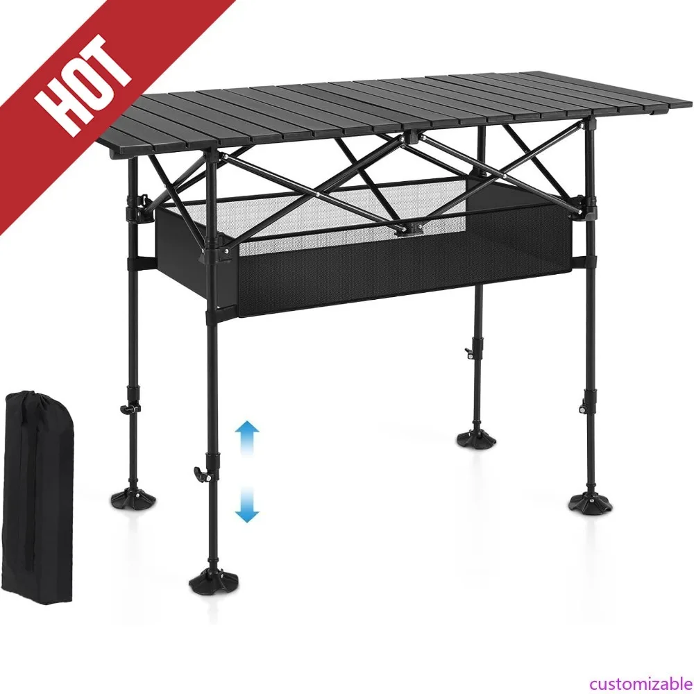 

Customizable-Folding Camping Table, Portable Roll-up Table With Adjustable Height, Large Storage Bag And Carrying Bag, Tall Alum