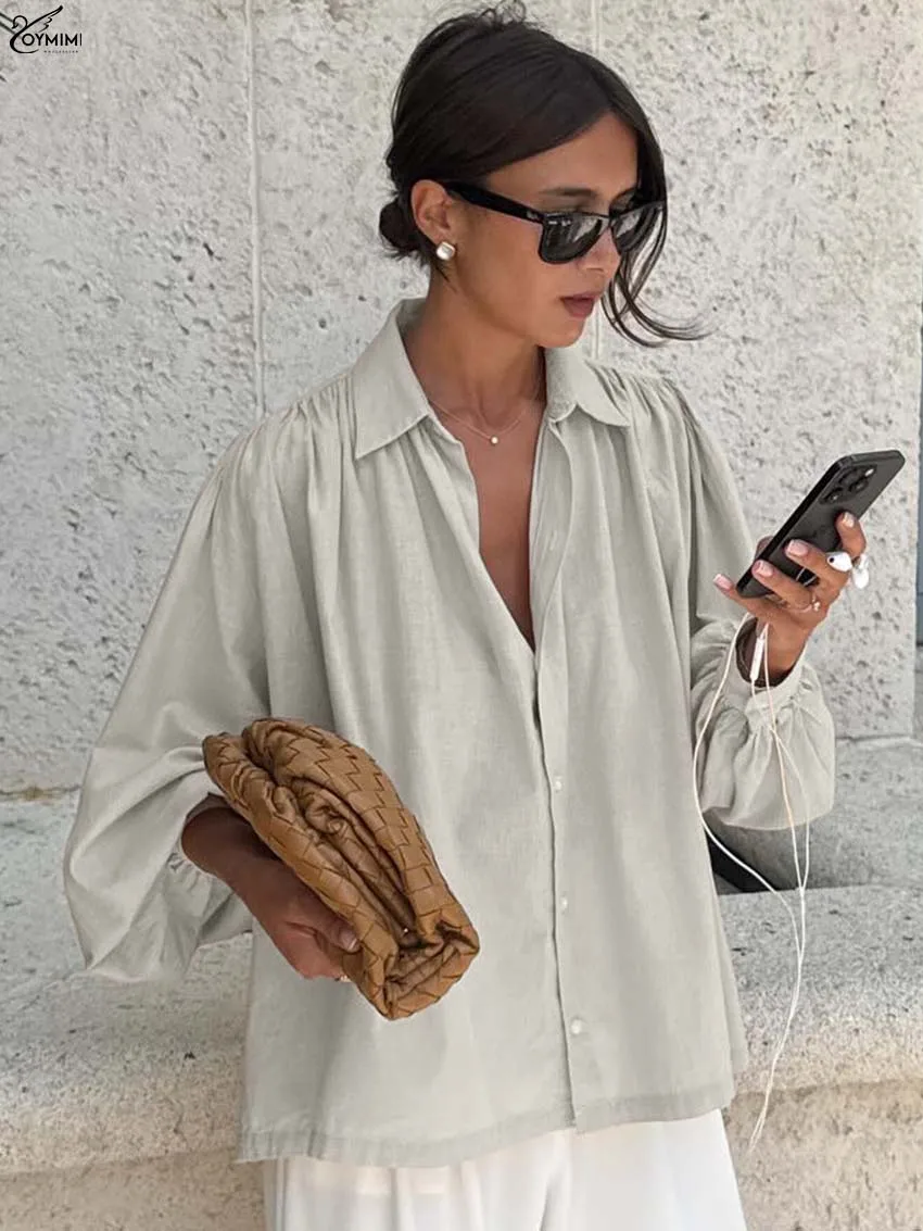 

Oymimi Casual Khaki Cotton Women's Blouse Fashion Turn-Down Collar Long Sleeve Blouses Elegant Single Breasted Solid Blouses