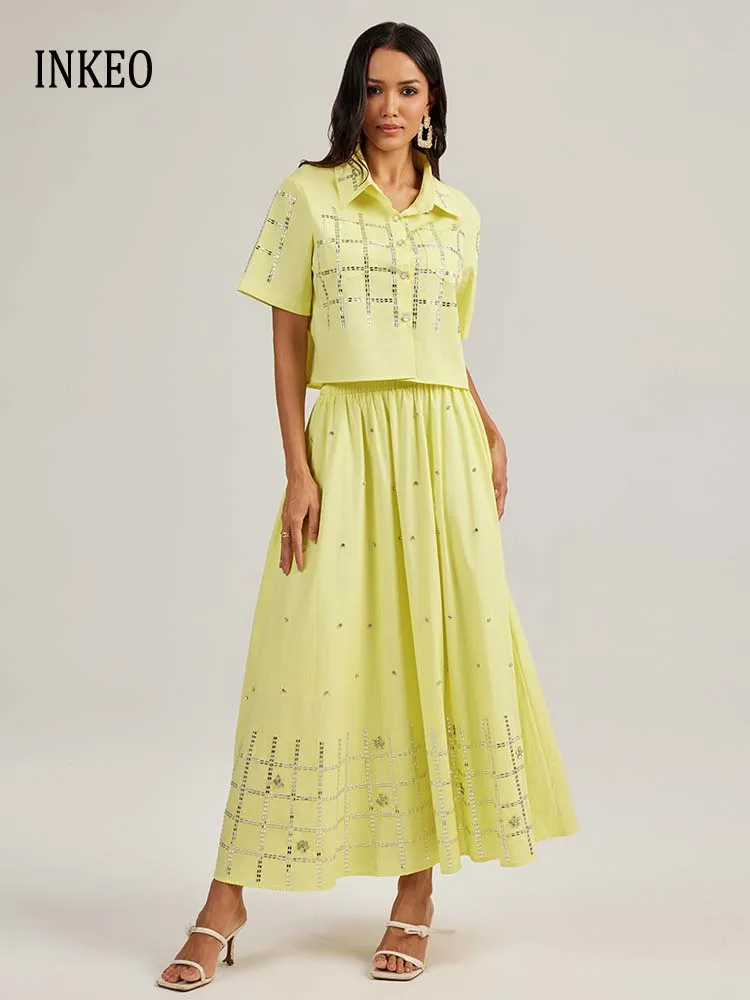 Luxury Rhinestone short sleeve tops and Long skirt Women 2025 Summer Stylish Blue Yellow 2 piece set Beading shirt INKEO 5T123
