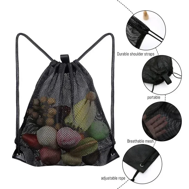 Portable Multifunctional Drawstring Mesh Bags Gym Sports Basketball Storage Shoulder Net Backpack 40*45cm Outdoor Beach Use Bag