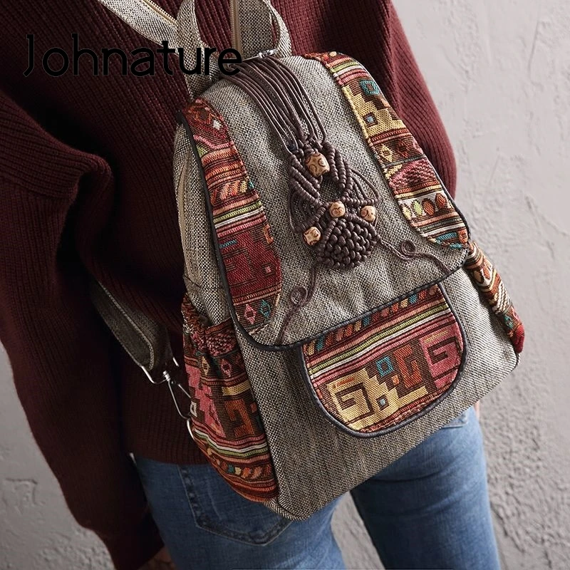 Johnature Hand Woven Retro Women Backpack 2024 New Versatile Summer Lightweight Canvas Bag Multifunctional Leisure Travel Bags