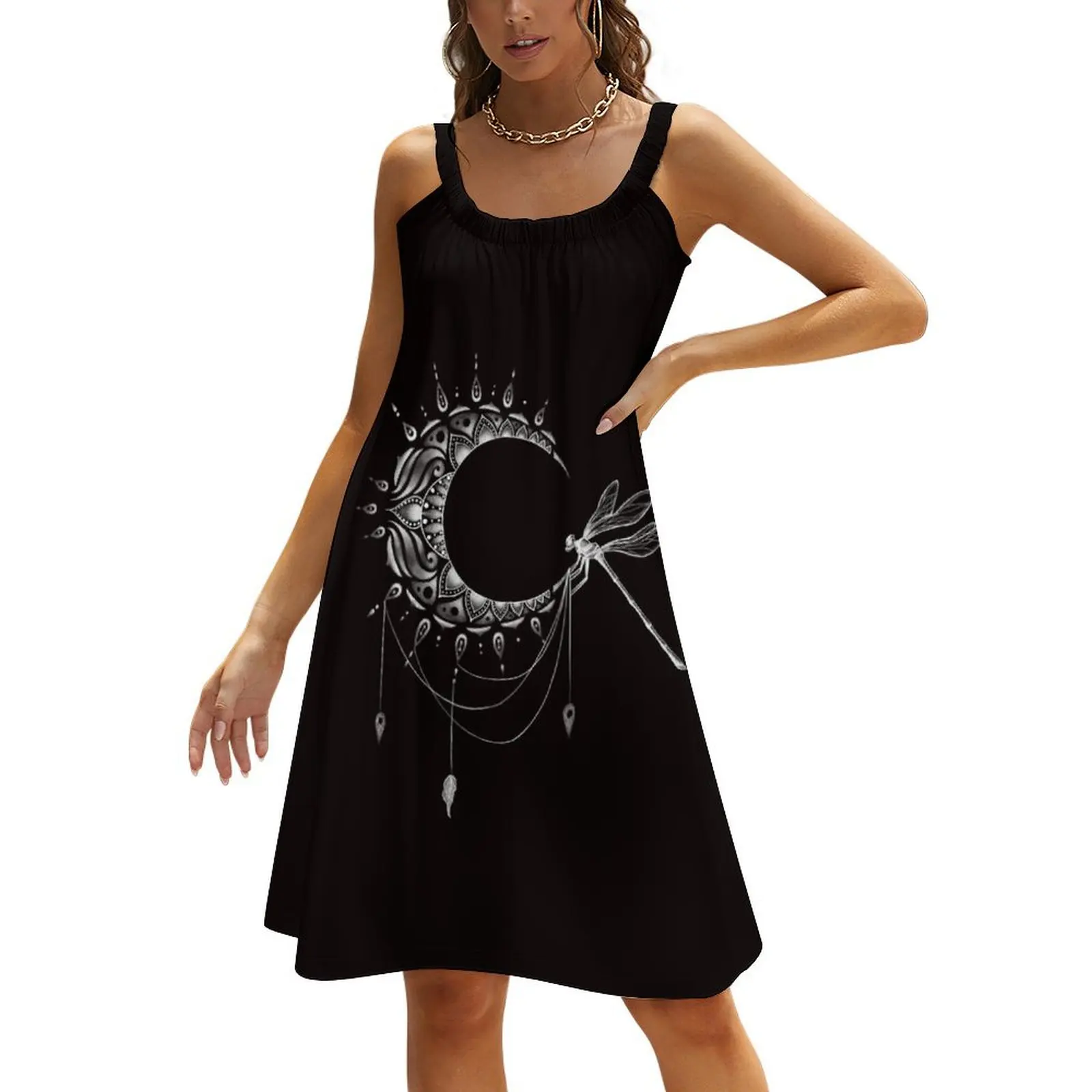 

Intricate Half Crescent Moon with Dragonfly Tattoo Design Beach Sling Skirt Female clothing Dance dresses Women's long dress