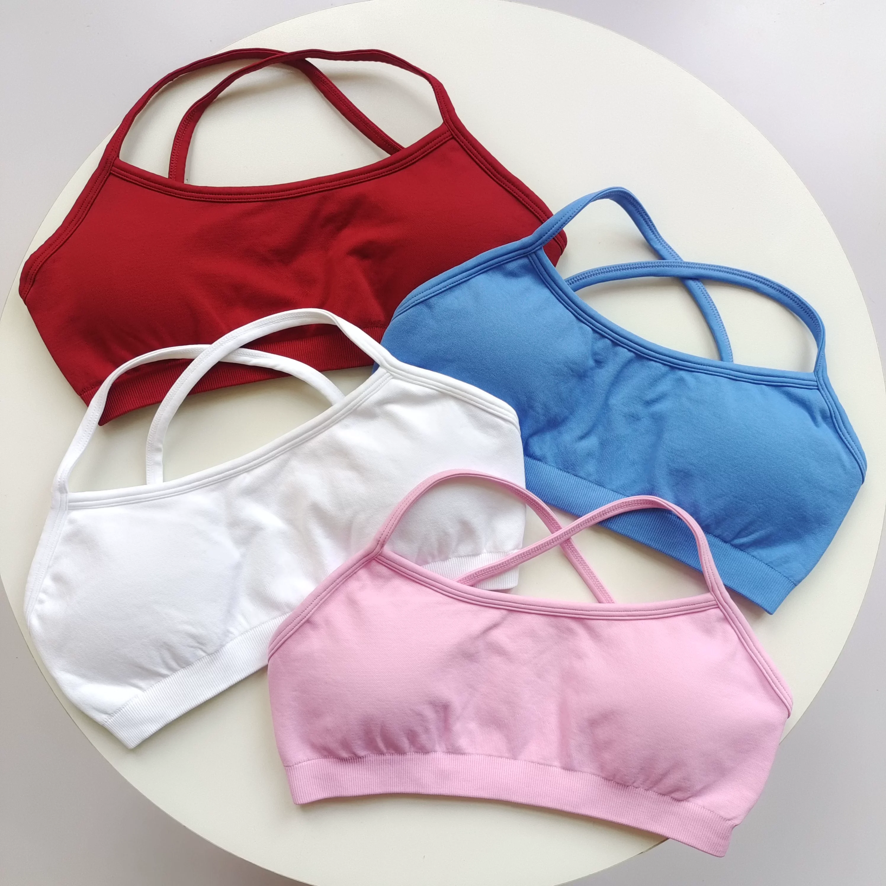 Women's Halter Crisscross Strappy Back Sports Bra Adjustable Spaghetti Straps Stretchy Knit Cropped for Yoga Gym