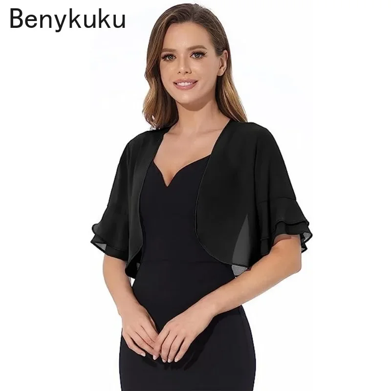 Open Stitch Chiffon Ruffle Sleeve Shrug Cardigan 2024 New Fashion Sheer Bolero Navy Blue Women Cropped Top Cover Up Shawl Coat