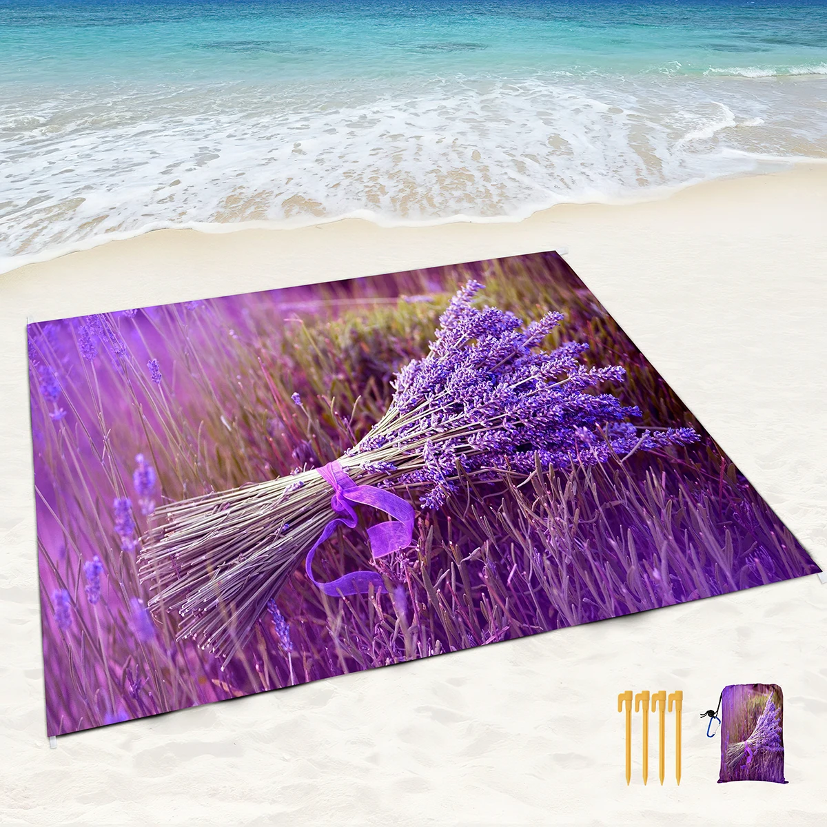 Waterproof Sandproof Lavender Beach Blanket with 4 Stakes & 4 Corner Pockets,Lightweight Foldable Picnic Mat for Travel,Camping