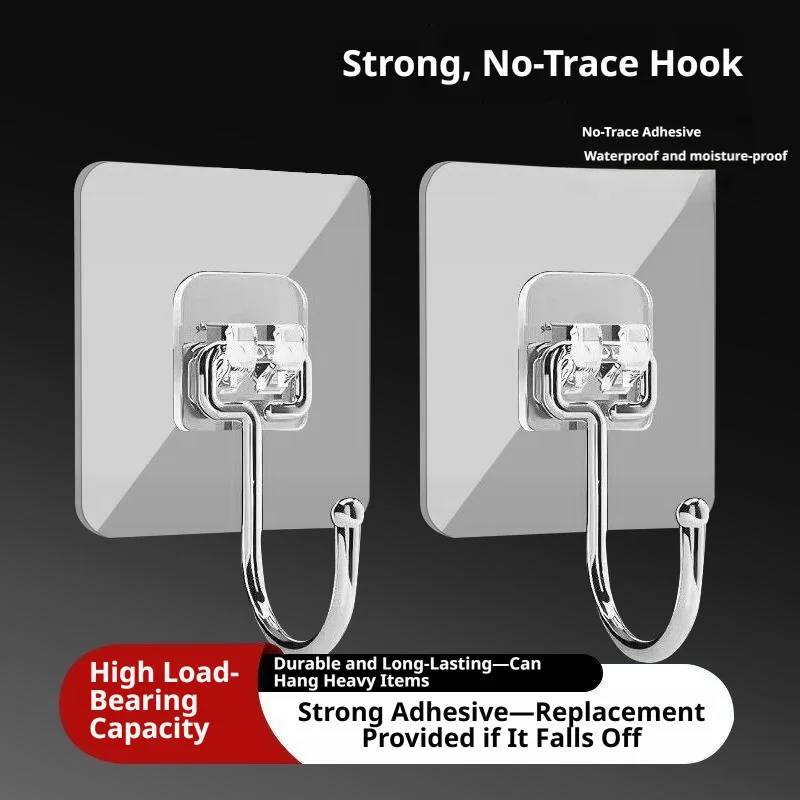 Oversize Clear Self-Adhesive Wall Hook No-Drill PVC Stainless Steel Adhesive Hanger for Home Kitchen Utility Storage