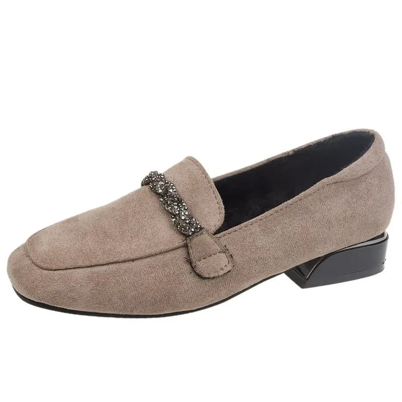 

Women Loafers Low Heels Boat Shoes Square Toe Dress Shoes Chain Faux Suede Plush Warm Ladies Shoes Plus Size