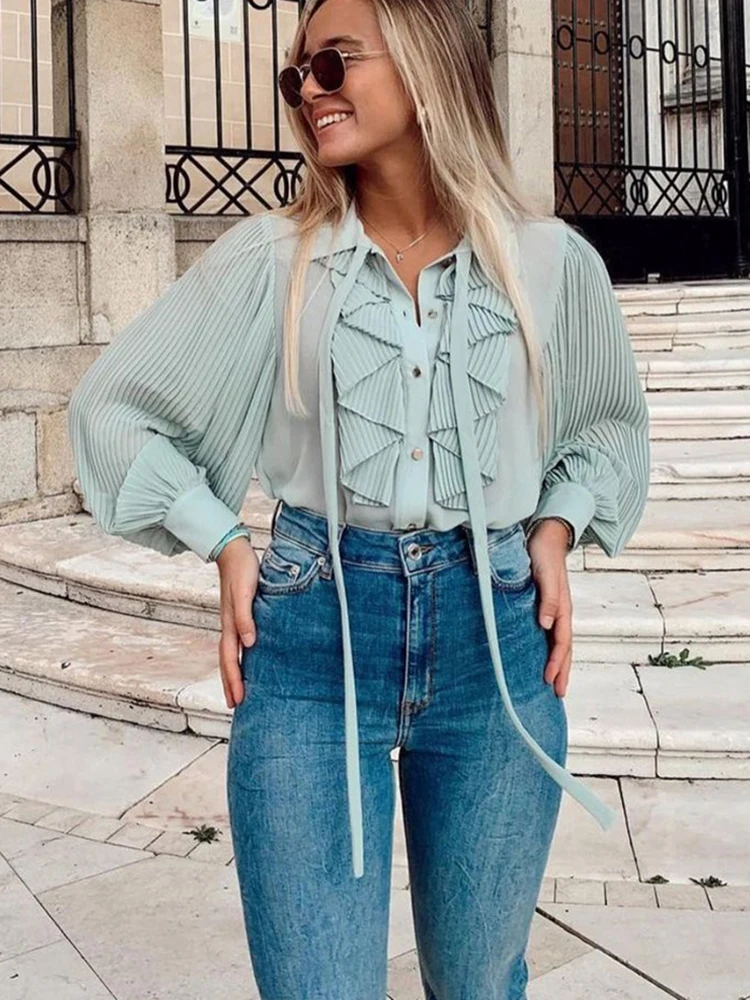 Snican pleated sleeve cascading ruffle bow tie office ladies blouse chic fashion female tops women camisas femininas Chiffon New