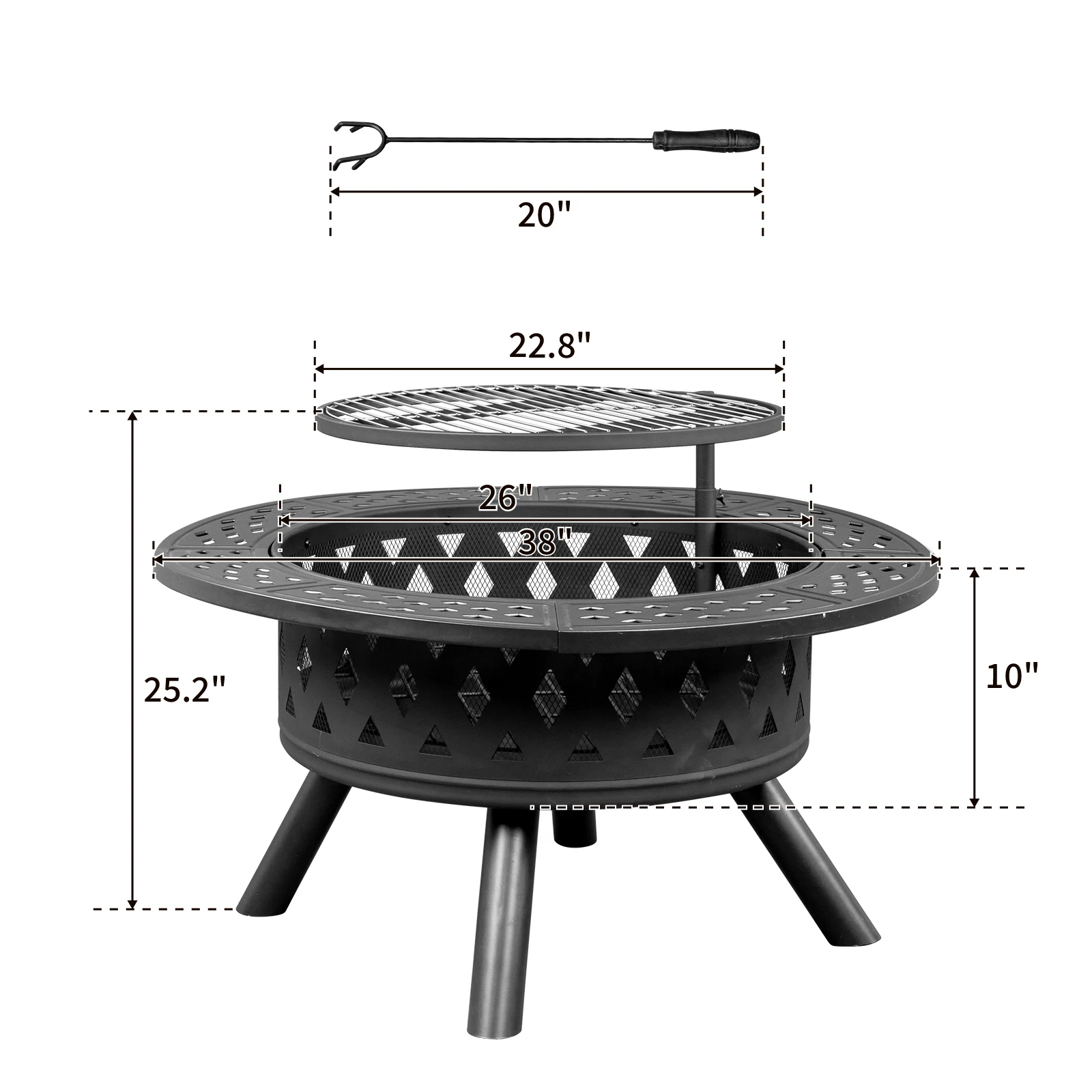 Braço de fogo de metal de 38 pol. com grelhas de cozinha pretas