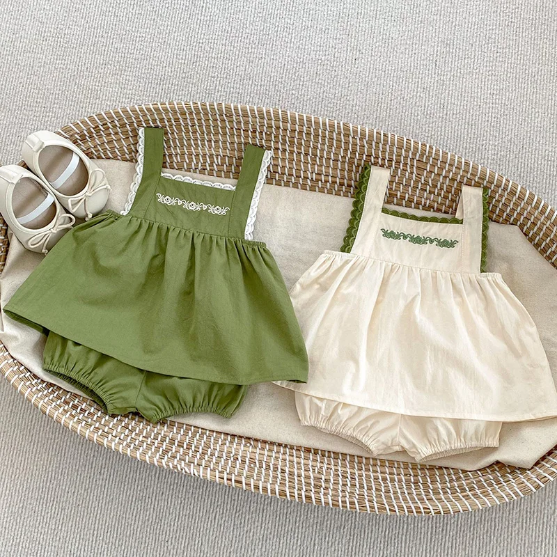 

Newborn Baby Girls Clothing Set Summer 0-3Yrs Embroidery Infant Baby Girls Clothes Suit Sleeveless Cotton Vest+PP Shorts Suit