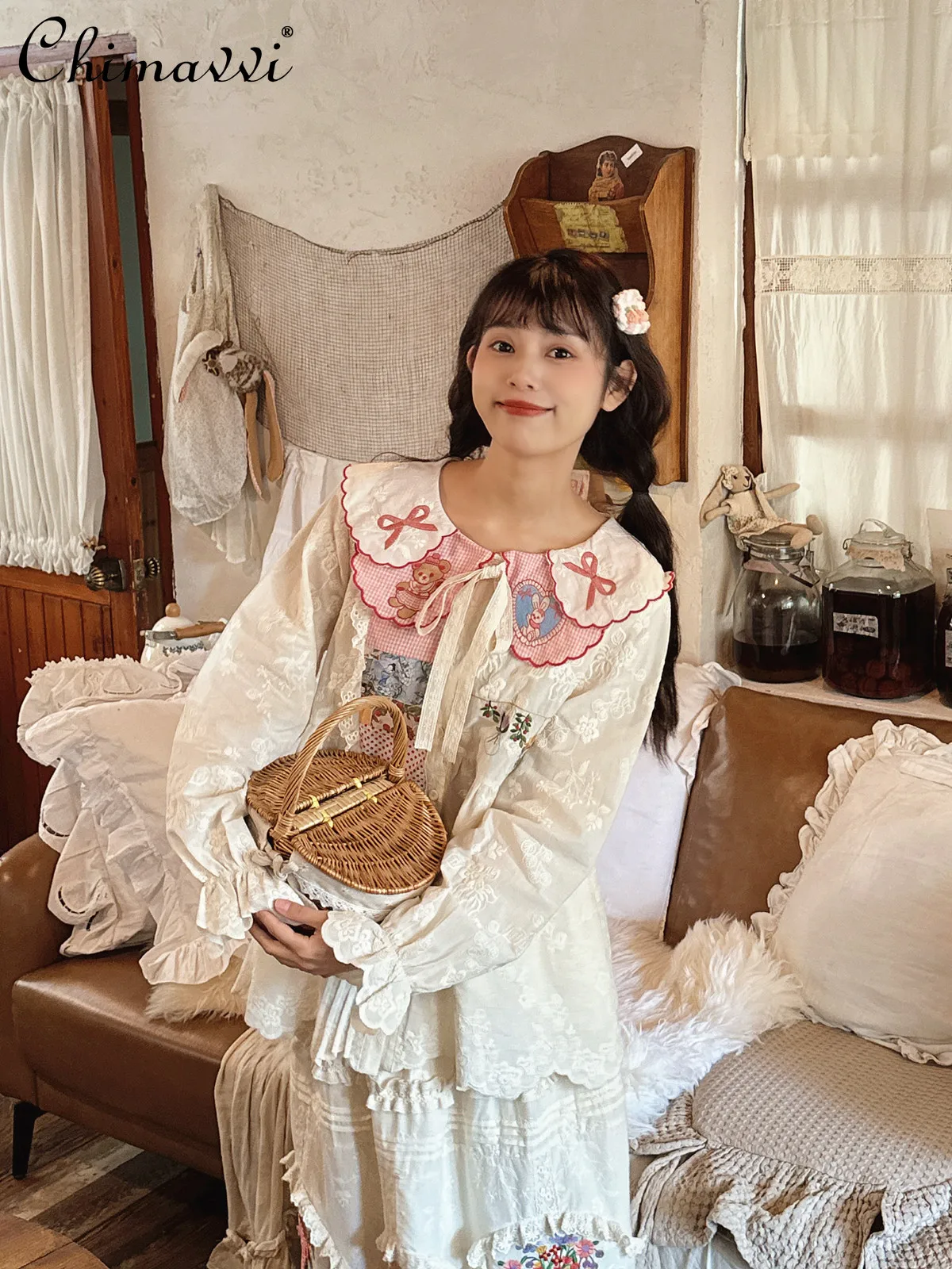 Japanese Gentle Retro Bow Bear Embroidered Doll Collar Shirt Spring New Sweet Girl Womens Lace Strap Temperament Blouse Camisas