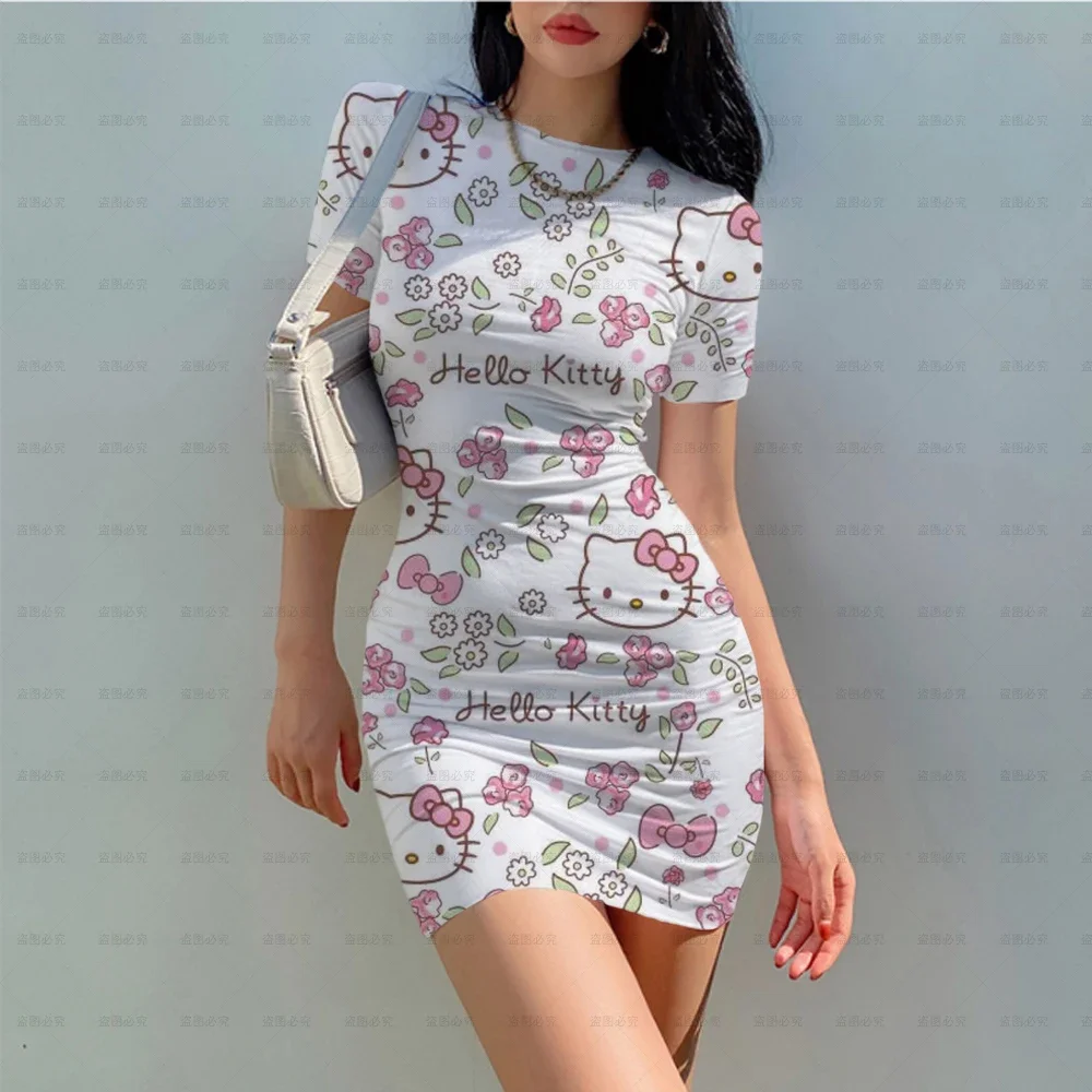 Hello Kitty 3d Bodycon Mini Jurken Voor Vrouwen Korte Mouw O-Hals Jurk Sexy Dames Nachtclub Dragen Slanke Jurken Mode Roze