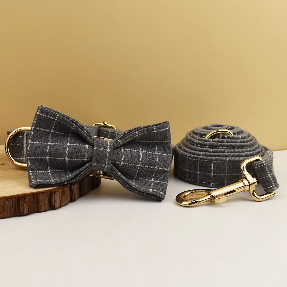 Plaid Dog Collar Designer With Bow Tie Custom Dog Accessories Luxury Pet collar leash set