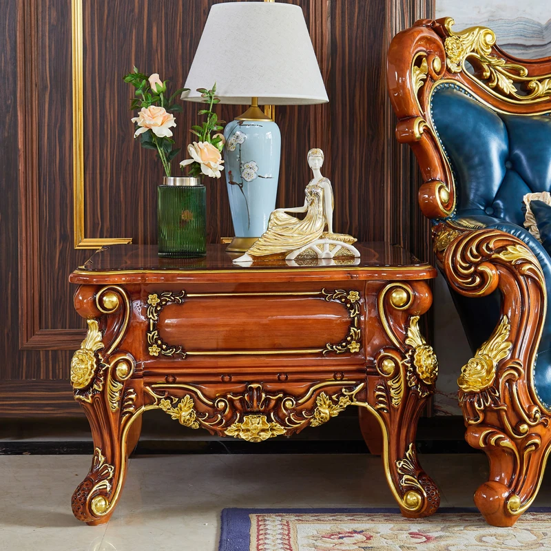 Corner table, solid wood carved square table, living room sofa edge table, American pear colored small tea table