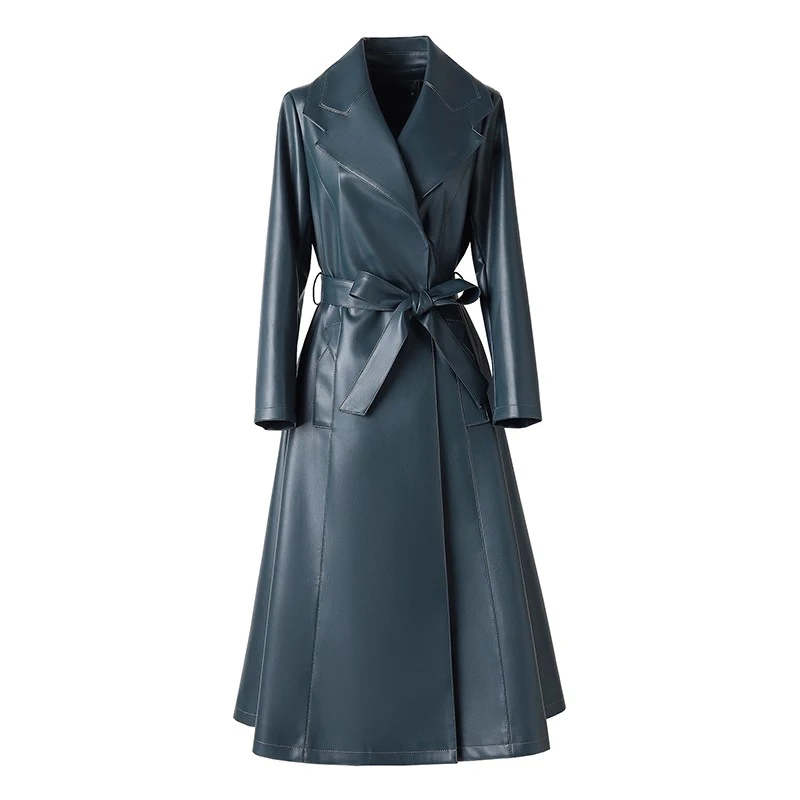 New Women Split Leather Coat Spring Autumn Fashion Large Lapel Slim Waist With Belt Long Trench Elegant Leather Coat Female