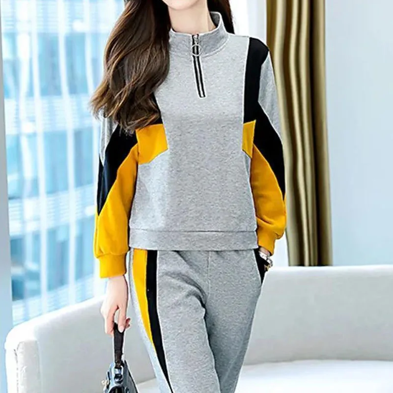 Fashion Contrasting Colors Casual Two Piece Set for Female Loose Stand Collar Zipper Spliced Tops Women\'s Clothing Pant Sets