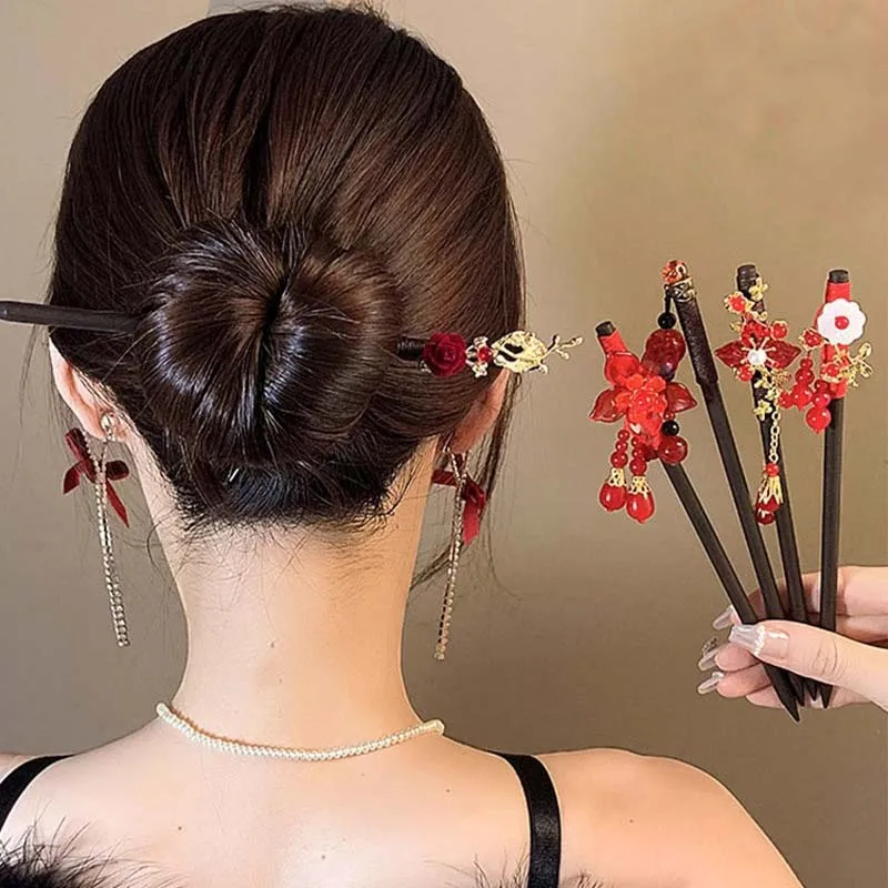 Retro Red Flower Wooden Hair Stick For Women 2025 New Year Hanfu Hairpin Chinese Style Hair Fork Hanfu Accessories