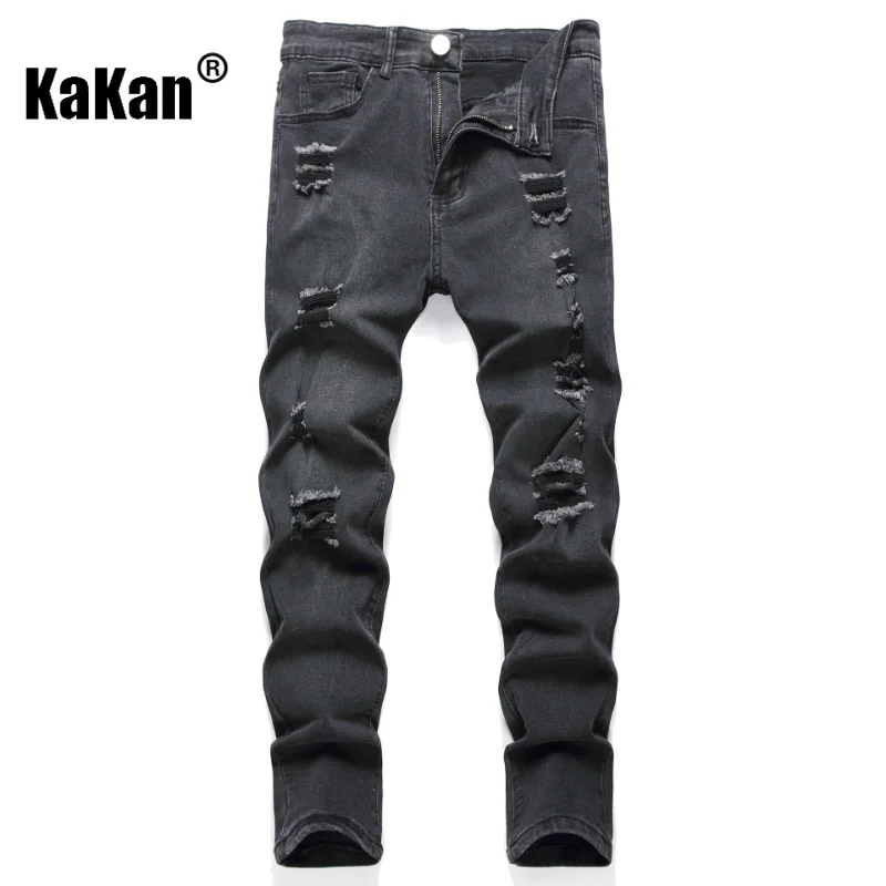 Kakan - European and American New Casual Slim Fit Small Foot Elastic Jeans for Men, High Street Solid Color Long Jeans K09-2008