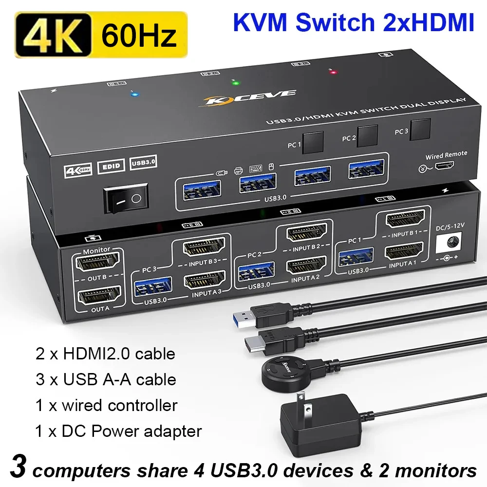 Dual Monitor KVM Switch USB 3.0 HD-MI KVM Switch 2 Monitors 3 Computers, EDID Emulator,4K@60Hz 2K@144Hz with 4 USB 3.0 Ports