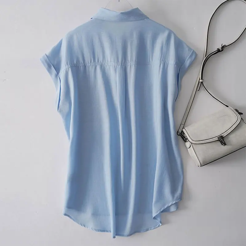 グリーンソリッドカジュアルポロネックシングルブレスト半袖レディースブラウスシャツカジュアル女性服トップスファッション2026春