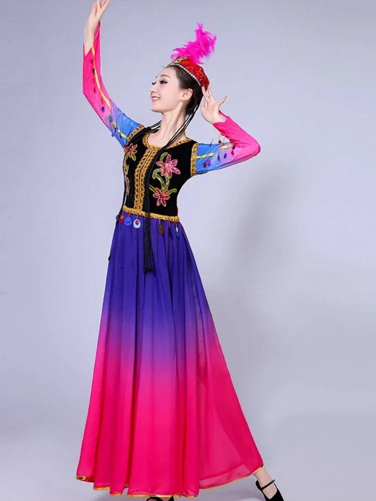 Trajes de danza uigur de Xinjiang, traje de danza folclórica tradicional antigua de minoría nacional, trajes de danza moderna Hanfu para niños y adultos