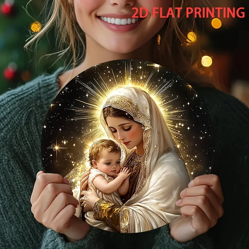 2D Flat, 2D Flat 1pc 20.32x20.32 cm Bohemian Round Tin Sign - Whimsical Holy Mother and Child Art - with Left & Right Pre-Drille