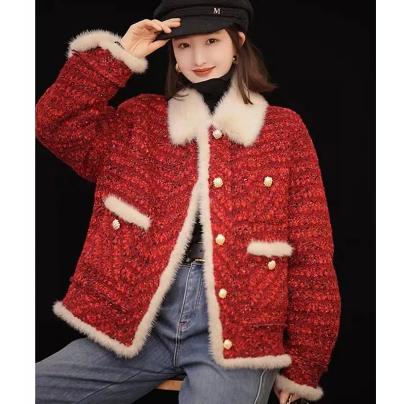 Autumn And Winter New Christmas Red Detachable Square Collar Fashion Button + Pocket Wool Tweed Warm Cotton Coat Woman S-XL