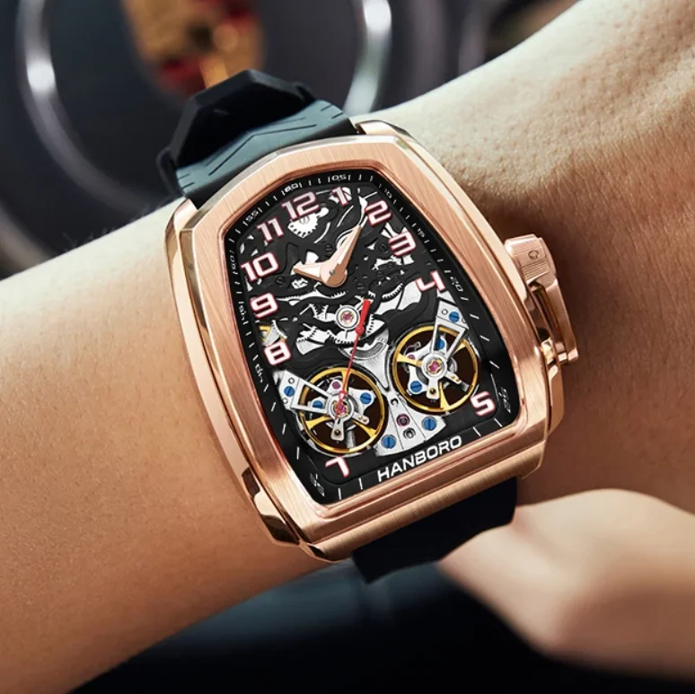 HANBORO Мужские автоматические часы 44 мм Модные механические наручные часы Светящиеся 50 м Водонепроницаемые скелетон с двойным маховиком
