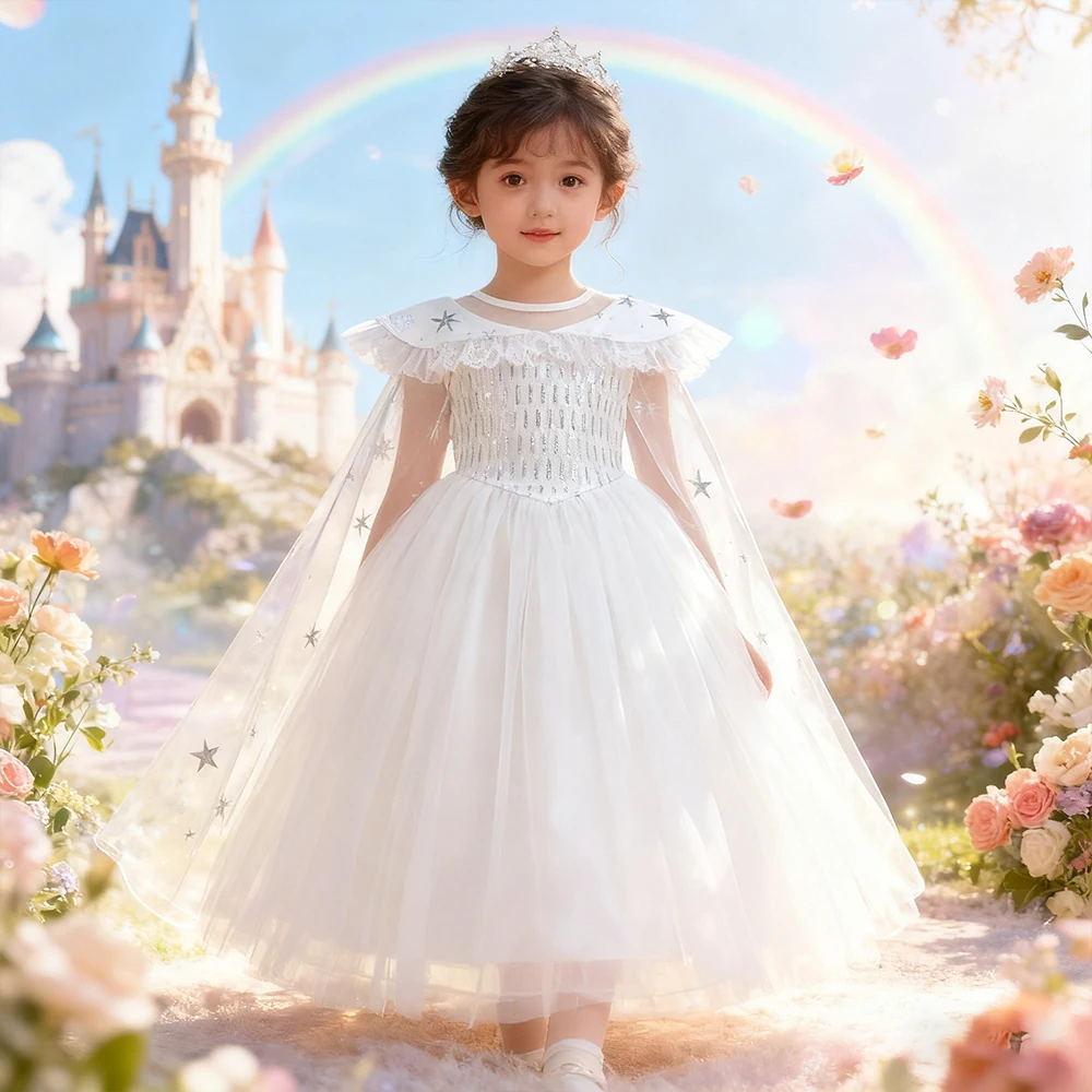 

Children's Baptismal Wedding Dress Girl Princess Elsa Cosplay Costumes Girls Party Dresses Kids First Communion White Dress