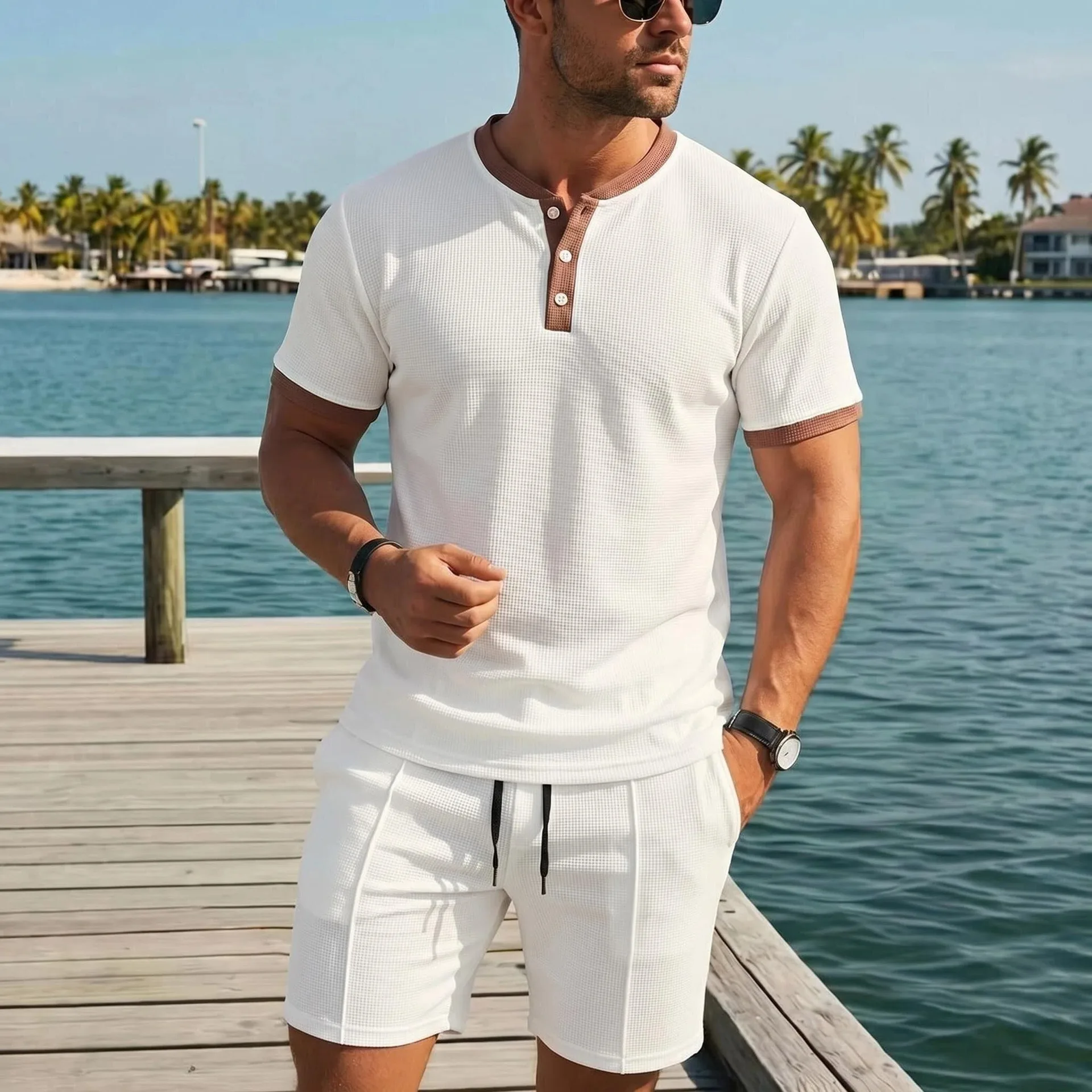 2026 Summer Men Waffle Fabric Two Piece Set, Breathable Casual Beach Short Sleeve Sports Matching Outfit