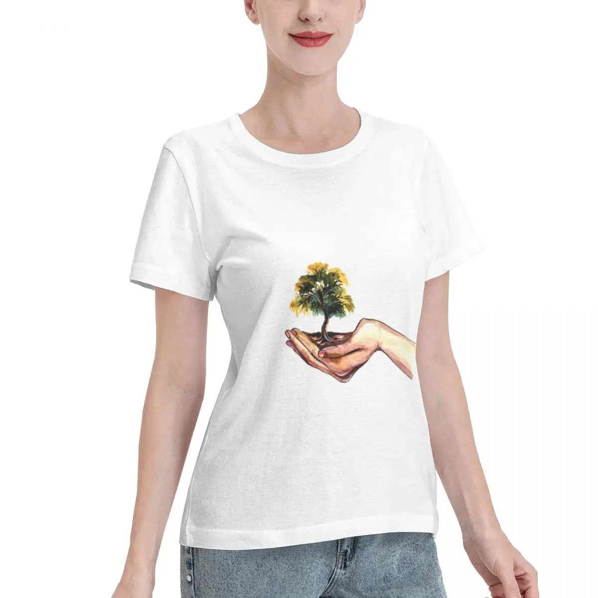 Must Have Hand Drawing Girl Holding Tree Women's T-shirt Cool Wholesale Blank Tee