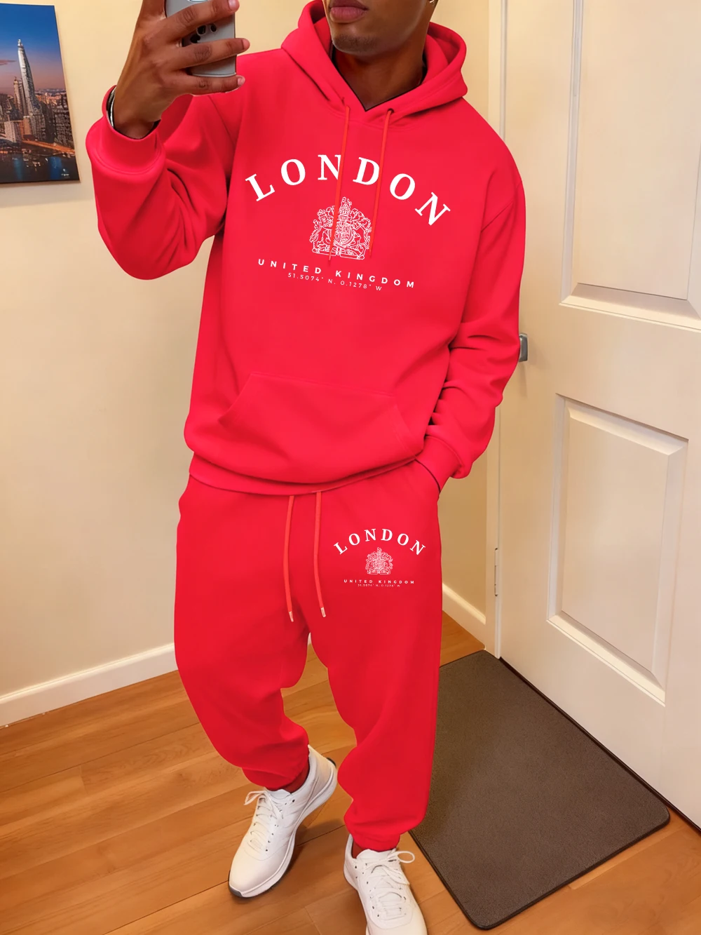 

Мужской комплект толстовок с капюшоном из 2 предметов, спортивные штаны с принтом «Лондон, Великобритания, Королевский значок», спортивные свободные толстовки с карманами, брюки, осенняя флисовая теплая одежда