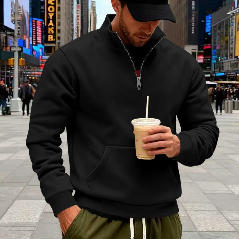 Grenzübergreifender Herbst- und Winter-Samt-Pullover für Herren, locker geschnitten, im Retro-Stil, lässig, mit Stehkragen, halbem Reißverschluss und Taschen für Pendler. – Detail 16
