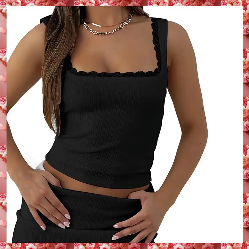 Canotte estive Y2k da donna con scollo quadrato e finiture in pizzo