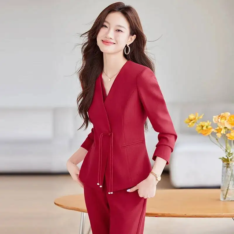 Tailleur pantalone formali in tessuto di alta qualità per donna Pantaloni da intervista per carriera professionale da ufficio Set blazer da donna Tailleur pantalone