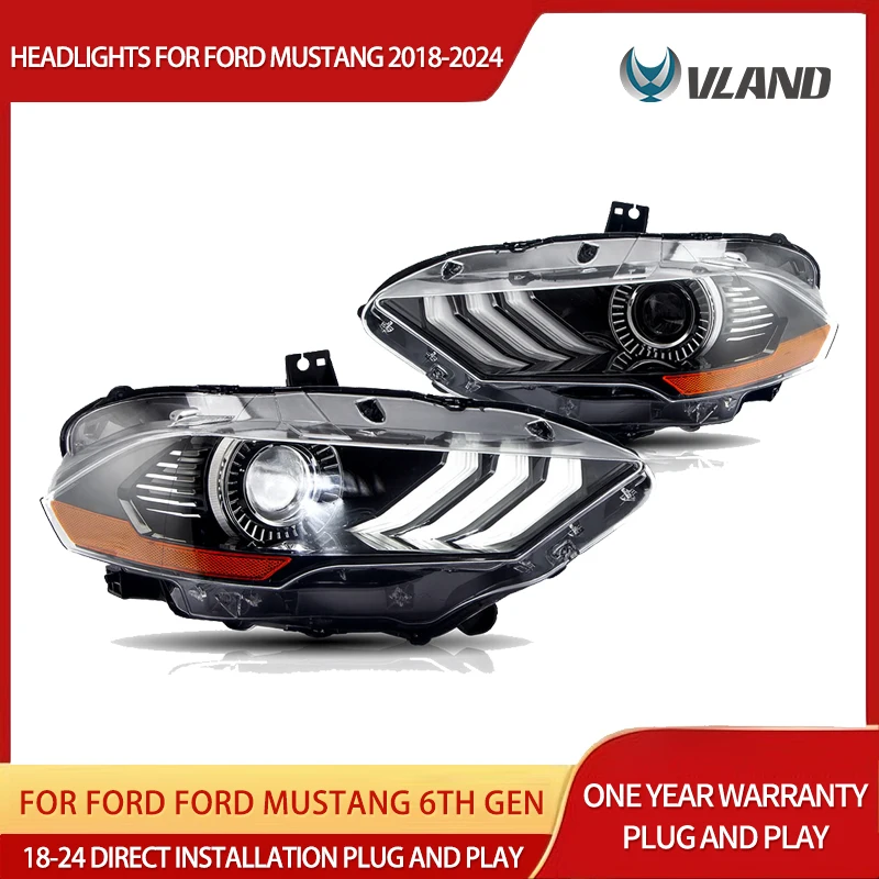 VLAND 2018-2024 Mustang 6th Gen Facelift LED Headlights 2PCS, DOT Certified Dual Beam Projector Headlamps, Black Housing, Premium Sporty Design, Plug & Play, Headlight Upgrade