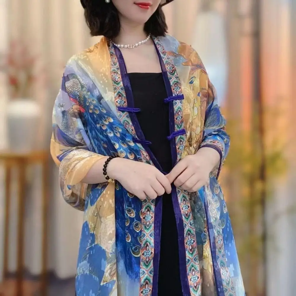 Trendy Retro Style Buckle Printed Shawl Sunscreen Flower Lady Silk Scarf Chinese-style High-End Feeling Tudung Scarf Autumn