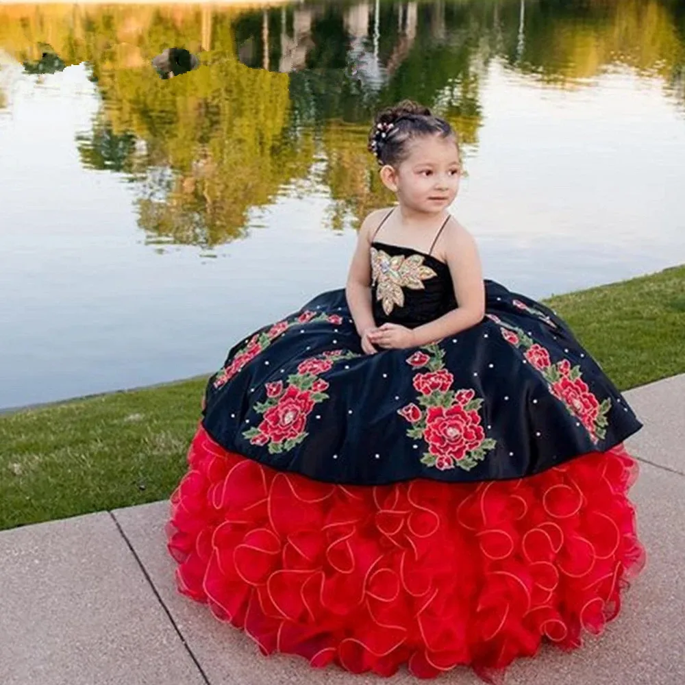 الأطفال الأميرة التطريز فساتين quinceanera صغيرة الكريستال الجمال منتفخ زهرة فتاة فستان عيد ميلاد المكسيكي شارو