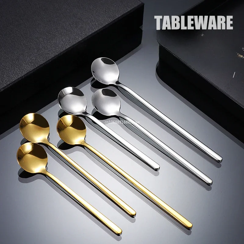 1Pcs Espresso Coffee Spoons Golden Tableware Stainless Steel Stirring Spoons Long Handle Iced Tea Spoon for Home Kitchen посуда