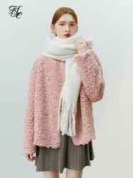 FSLE Faux Fur Pink White O-Neck Women Jackets 2022 Winter New Casual Thick Women Coats Granular Pile Full Sleeve Women Coats