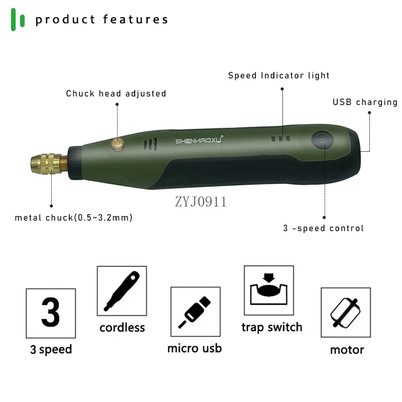 3.7 فولت طاحونة لاسلكية الحفر الكهربائية أداة دوارة 3-سرعة قابل للتعديل قلم نقش صغير قطع تلميع مع الملحقات
